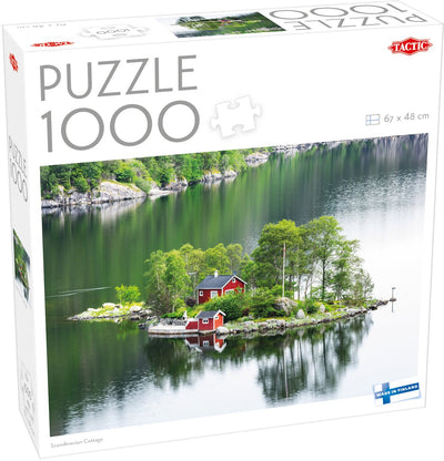 Tactic chalet scandinave – puzzle – 1000 pièces – paysage insulaire scandinave calme – maisons en bois rouge sur l'eau – haute qualité scandinave