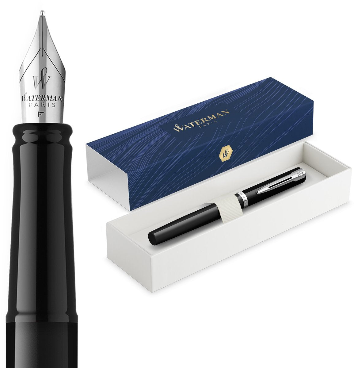 Stylo plume à impression Waterman | plume moyenne pour stylo plume avec recharge d'encre bleue | peinture noire finition palladiée | coffret cadeau