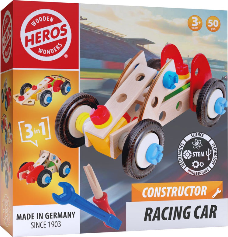 Voiture de course de constructeur Heros – jouets de construction – 4 en 1 – 50 pièces – jeu de construction en bois – bois FSC – fabriqué en Allemagne – à construire soi-même – à partir de 4 ans