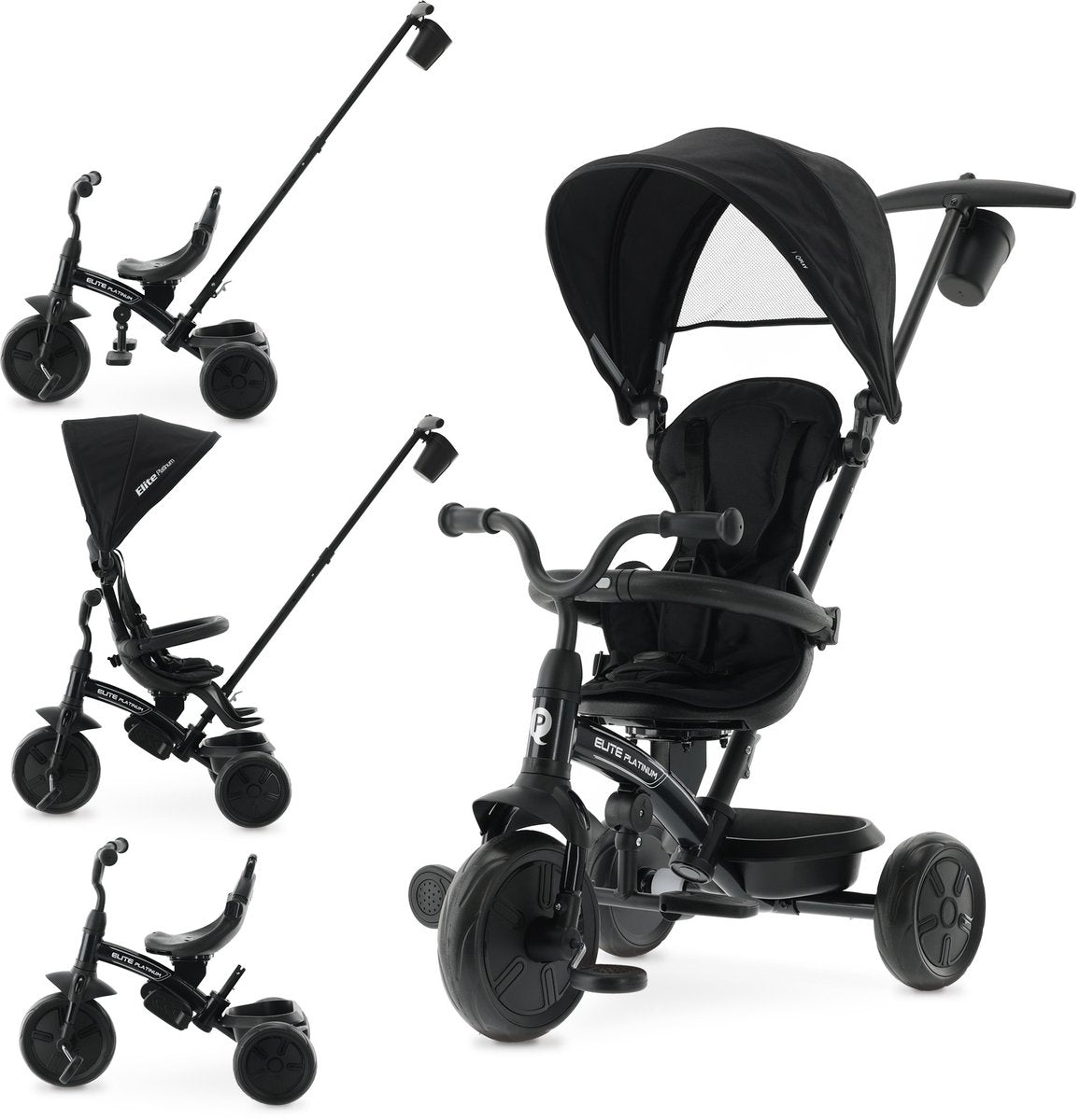 Tricycle Qplay Elite Platinum avec barre de poussée 6 en 1 - noir