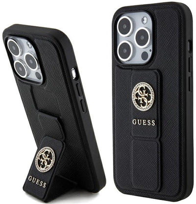 Guess saffiano strass - coque iPhone 15 pro max - support grip - noir - protection élégante