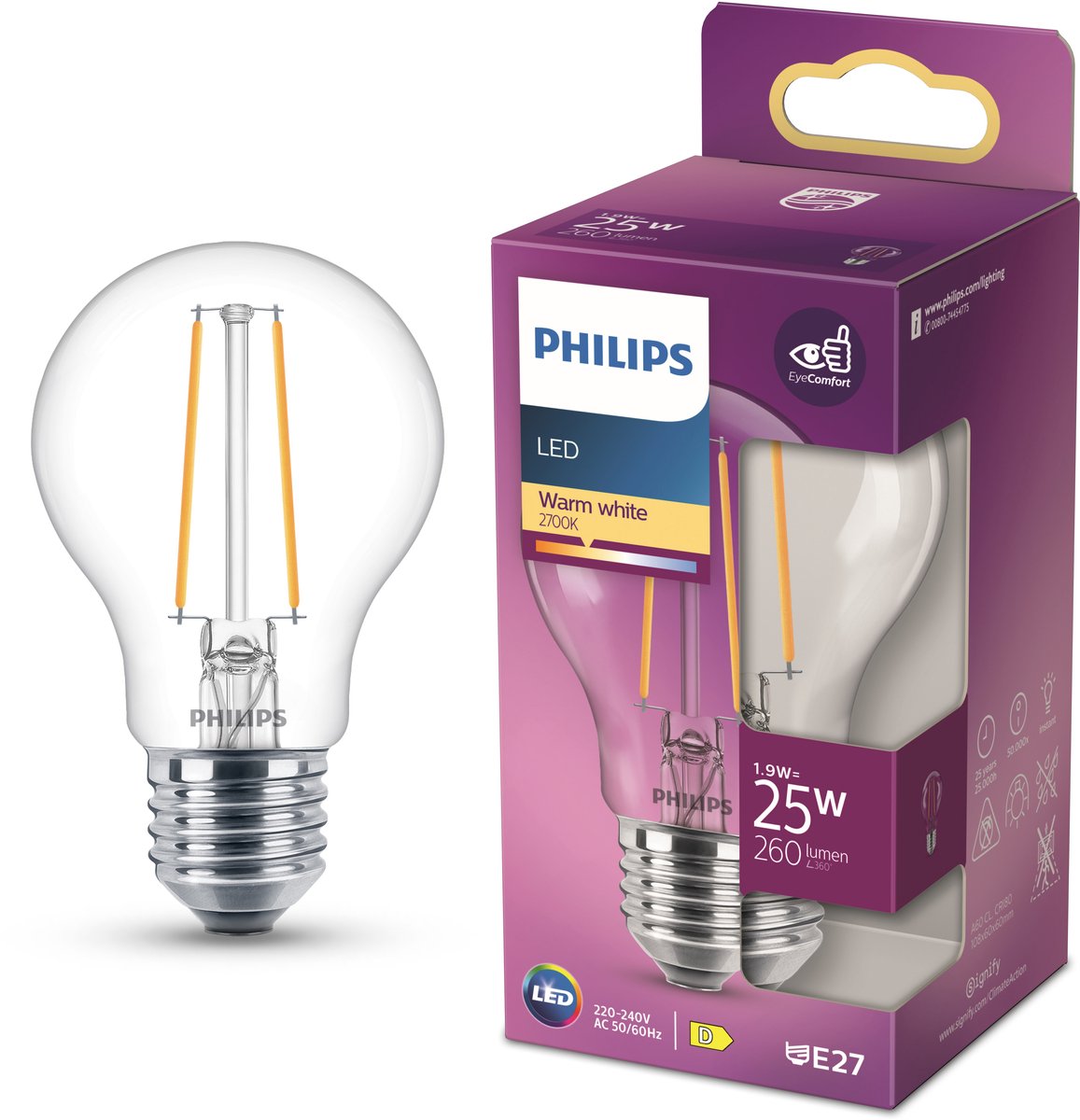 Lampe LED Philips - forme de lampe standard avec culot E27 - lumière blanc chaud : 2700k - 25w - verre transparent