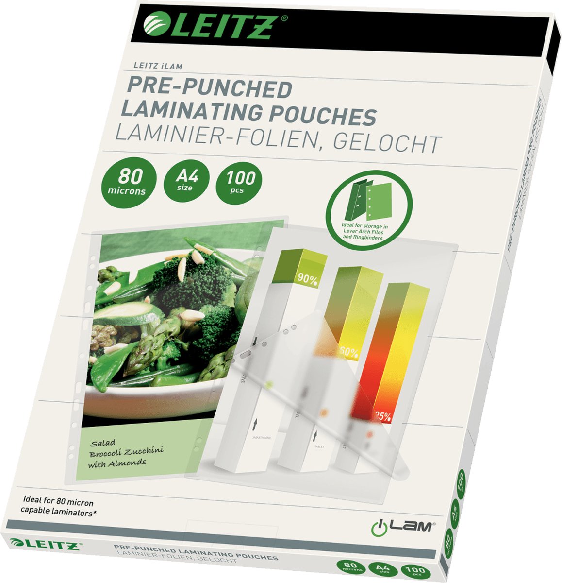 Leitz ilam - pochettes de plastification - perforées - a4 - 80 microns - 100 pièces