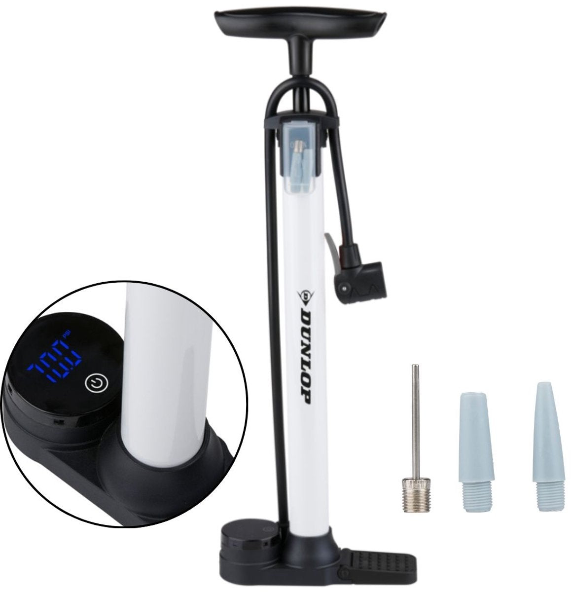 Pompe à vélo numérique Dunlop avec manomètre - pompe à vélo adaptée à la valve Schrader Presta - pompe à bille 120 psi 8,3 bar - avec adaptateurs de valve et aiguille