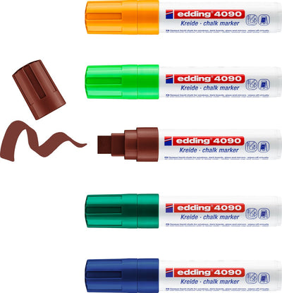 Marqueur à craie Edding 4090 - différentes couleurs - 5 marqueurs pour fenêtres - pointe biseautée 4-15 mm - marqueurs pour fenêtres pour enseignes, fenêtres, vitres, miroirs - les marqueurs à craie pour fenêtres sont lavables et effaçables