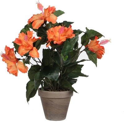 Mica décorations plante artificielle hibiscus - orange - h40 x d30 cm - pot gris - fausse plante - plantes artificielles fausses plantes avec fleurs