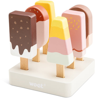 Woet ® Jouets de glace en bois - Glaces colorées 6 pièces avec support - Nourriture pour jouets - Jeu de rôle Stand de glaces pour jouets de cuisine - À partir de 2 ans