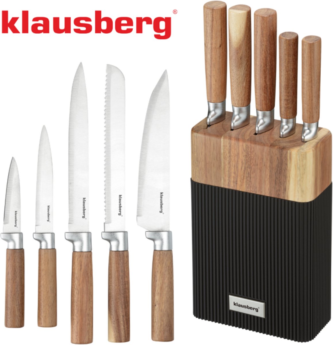Klausberg kb-7981 ensemble de couteaux 6 pièces - 5 couteaux avec bloc en bois d'acacia - acier inoxydable noir - bloc à couteaux comprenant des couteaux - aspect naturel - couteau de chef - couteau à pain -