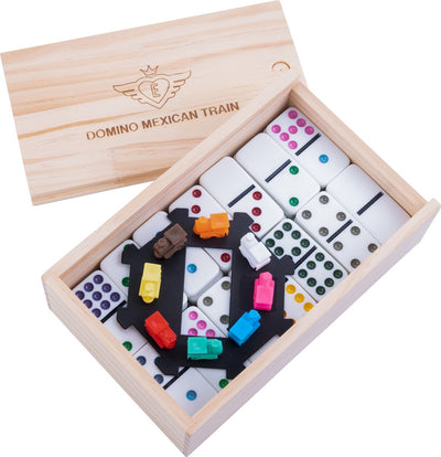 Engelhart Domino Double 9 Train Mexicain – 55 tuiles avec yeux colorés – y compris les trains de gare – boîte en bois avec couvercle coulissant – 50 x 25 mm – jeu de société –