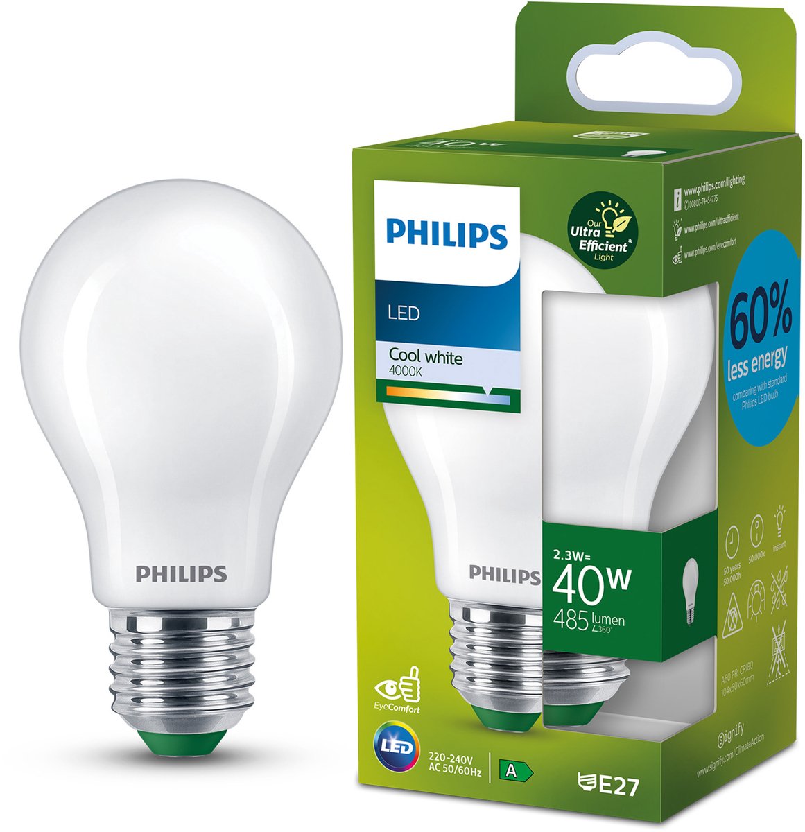 Philips LED Lampe LED ultra-efficace Philips - mate - 40w - culot E27 - lumière blanc froid : 4000k - économisez sur les coûts énergétiques