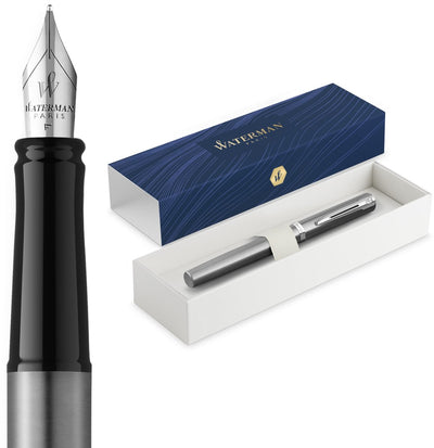 Stylo plume à impression Waterman | plume moyenne pour stylo plume avec recharge d'encre bleue | acier inoxydable avec finition palladiée | coffret cadeau