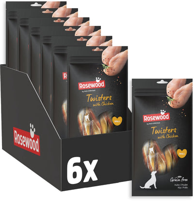 Rosewood twisters poulet petit - bâtonnets à mâcher pour petits chiens - avec cuir brut de poulet - sans céréales sans gluten - sans additifs artificiels - 6 sachets de 90g