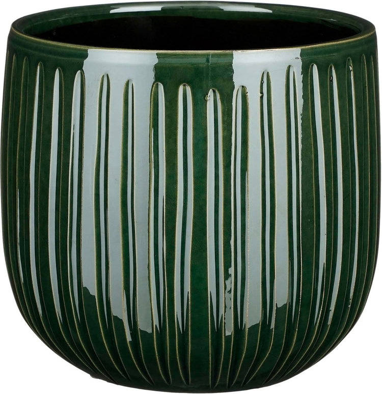 Pot de fleurs décorations en mica - céramique - nervures vert foncé brillant - d21xh19 cm - pot de fleurs