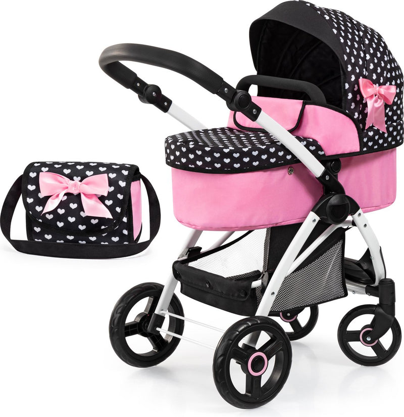Landau pour poupée design Bayer city max avec sac, réglable en hauteur, roues pivotantes à l'avant, transformable en poussette, panier intégré noir et blanc
