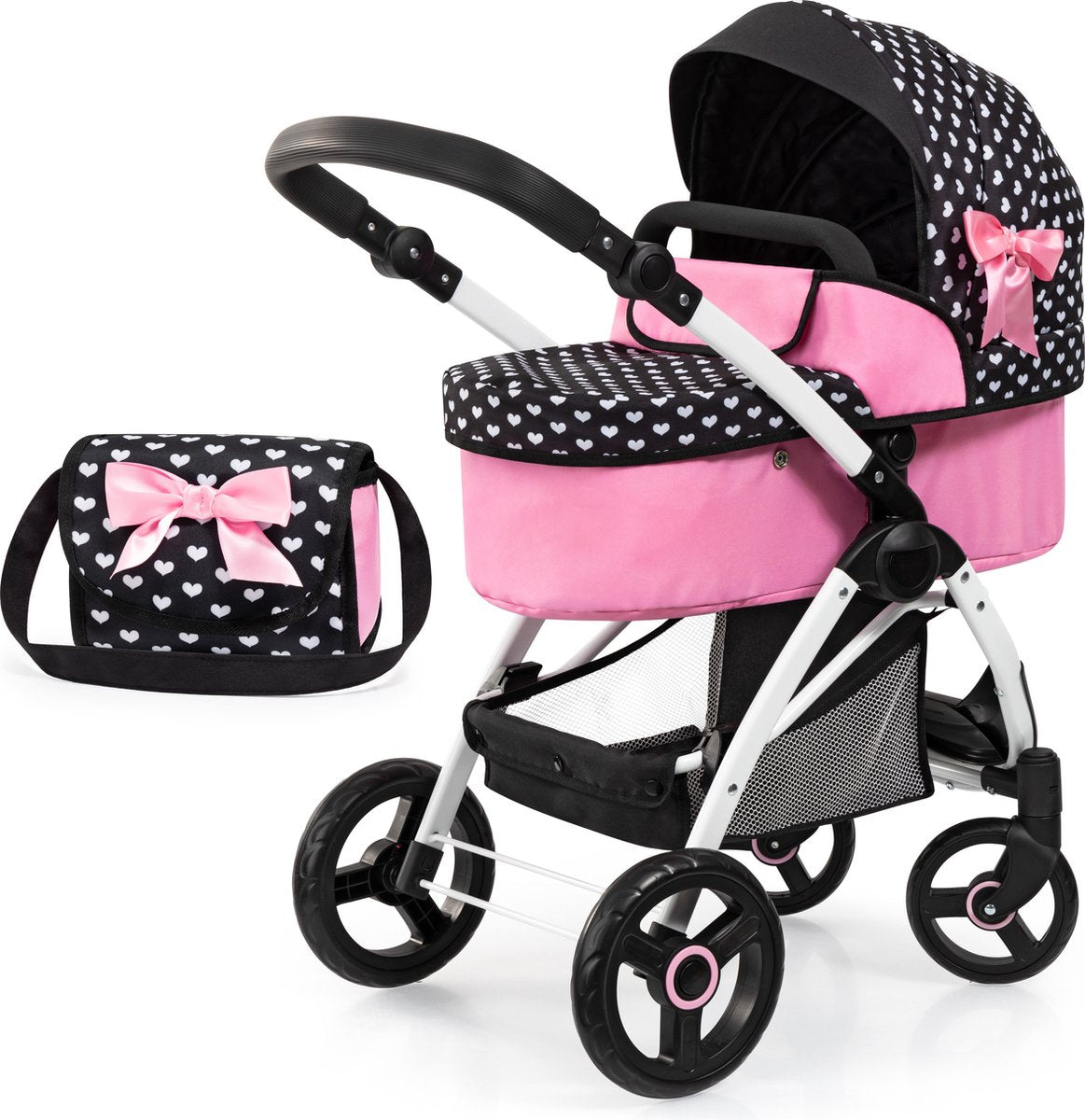 Landau pour poupée design Bayer city max avec sac, réglable en hauteur, roues pivotantes à l'avant, transformable en poussette, panier intégré noir et blanc