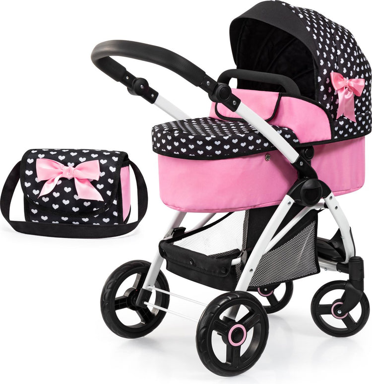 Landau pour poupée design Bayer city max avec sac, réglable en hauteur, roues pivotantes à l'avant, transformable en poussette, panier intégré noir et blanc