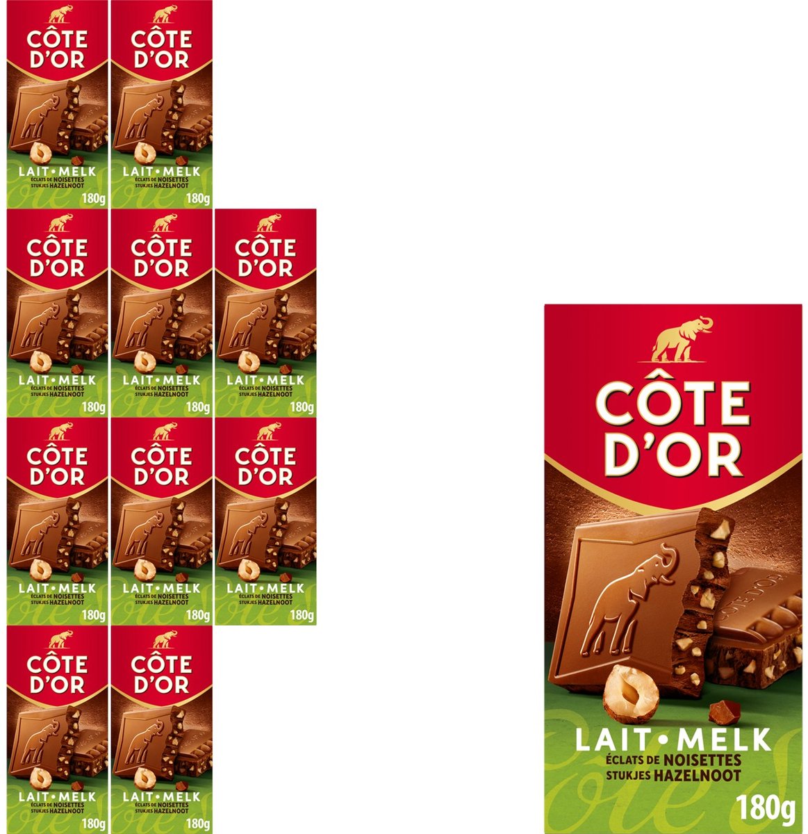 Côte d'or tablette de chocolat lait noisettes morceaux 10 x 180g - tablettes de chocolat - cadeau anniversaire femme ou homme - stock