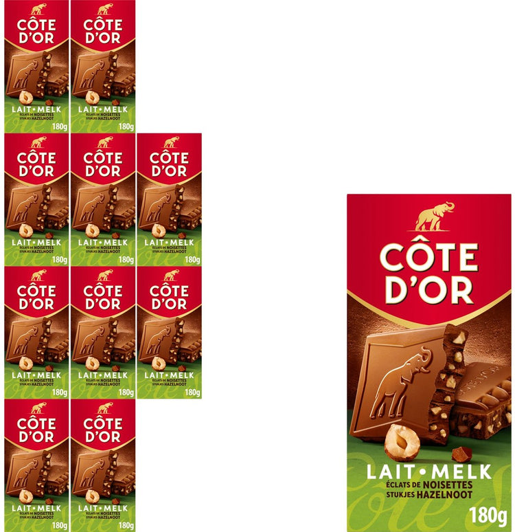 Côte d'or tablette de chocolat lait noisettes morceaux 10 x 180g - tablettes de chocolat - cadeau anniversaire femme ou homme - stock
