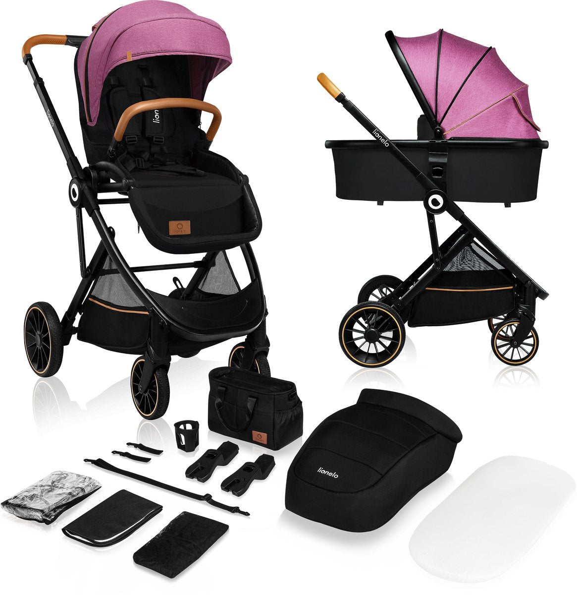 Lionelo Riya - poussette 2 en 1 - berceau + poussette - 0-15kg - pliable - capote XXL - dossier réglable - grandes roues PU - kit d'accessoires - barre de poussée réglable - pour montage arrière