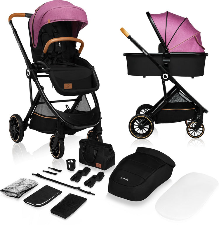 Lionelo Riya - poussette 2 en 1 - berceau + poussette - 0-15kg - pliable - capote XXL - dossier réglable - grandes roues PU - kit d'accessoires - barre de poussée réglable - pour montage arrière