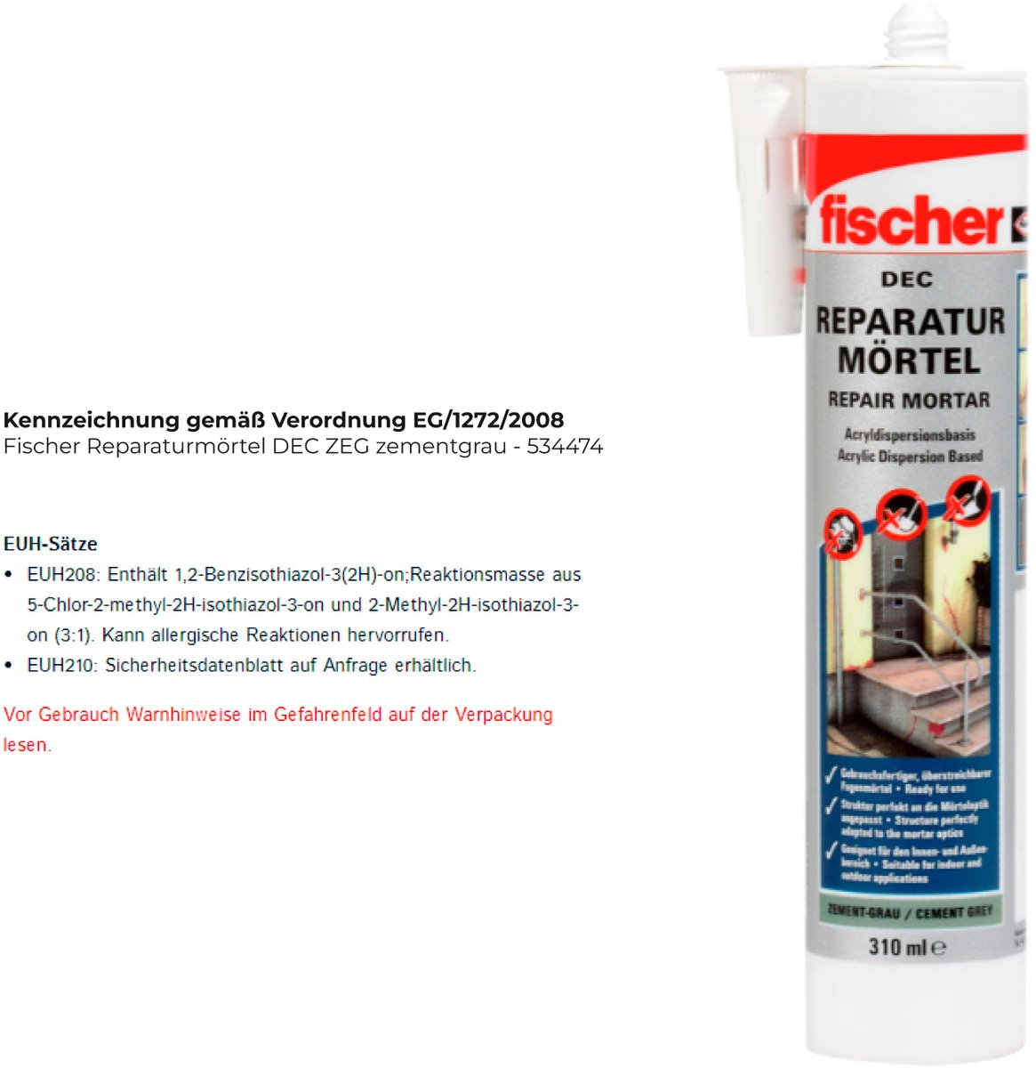 Mortier de réparation Fischer Dec say gris ciment - 534474