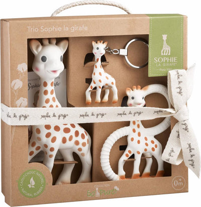 Sophie la girafe so'pure trio - coffret cadeau - jouets de dentition - jouets bébé - 100% caoutchouc naturel - 3 pièces - cadeau maternité - cadeau baby shower - dans coffret cadeau recyclé avec noeud en coton bio