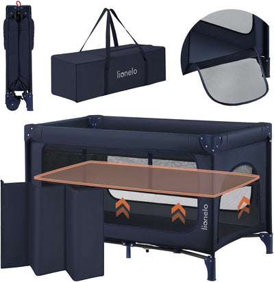 Lit de camping Lionelo Jasmin facile à plier - pliable en quelques secondes - matelas 2 hauteurs T25 - sac de voyage inclus - porte latérale avec fermeture éclair - parois en maille - 2 roues avec frein - structure en acier - 0-36 mois - lit parapluie
