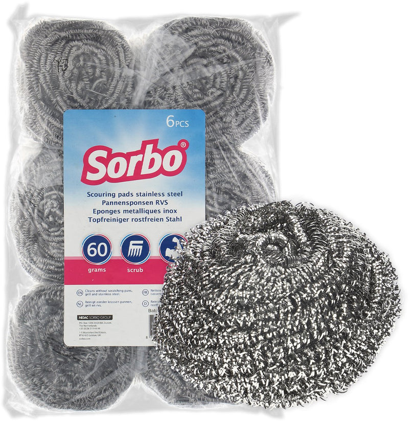 Sorbo - tampon à récurer en métal - lot de 6 - tampons à récurer en acier inoxydable résistants 60 grammes - élimine la saleté tenace des poêles, grill du four