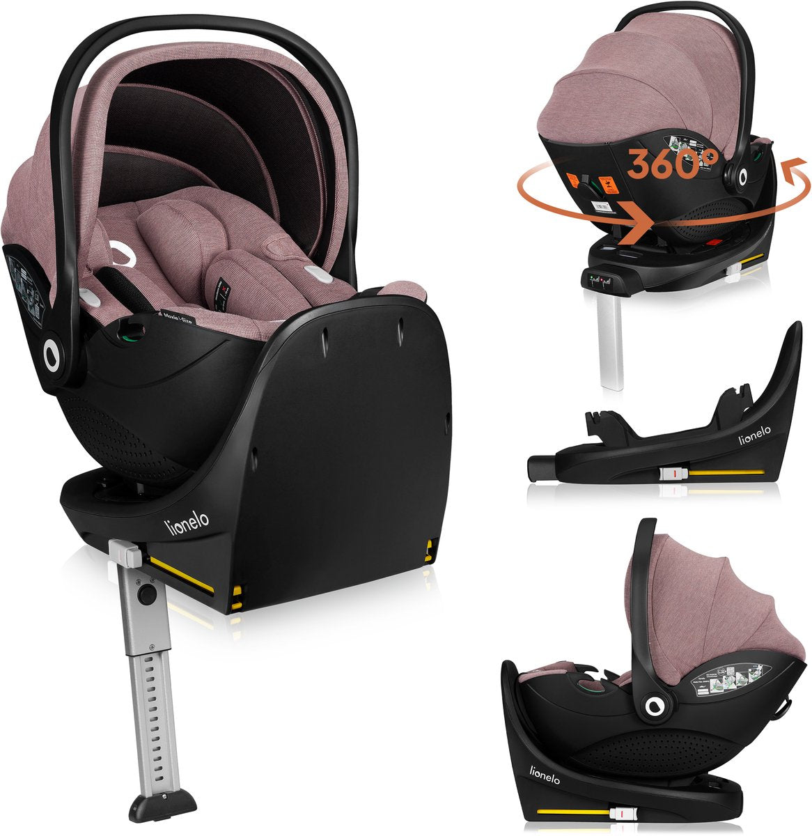 Lionelo moxie i-size set - siège auto avec base ISOFIX rotative - siège auto rwf dès la naissance - tissu bambou - rotation 360° - crochets de ceinture magnétiques - dri-seat - appui-tête avec mousse à mémoire de forme - 4,3 kg - respirant et lavable