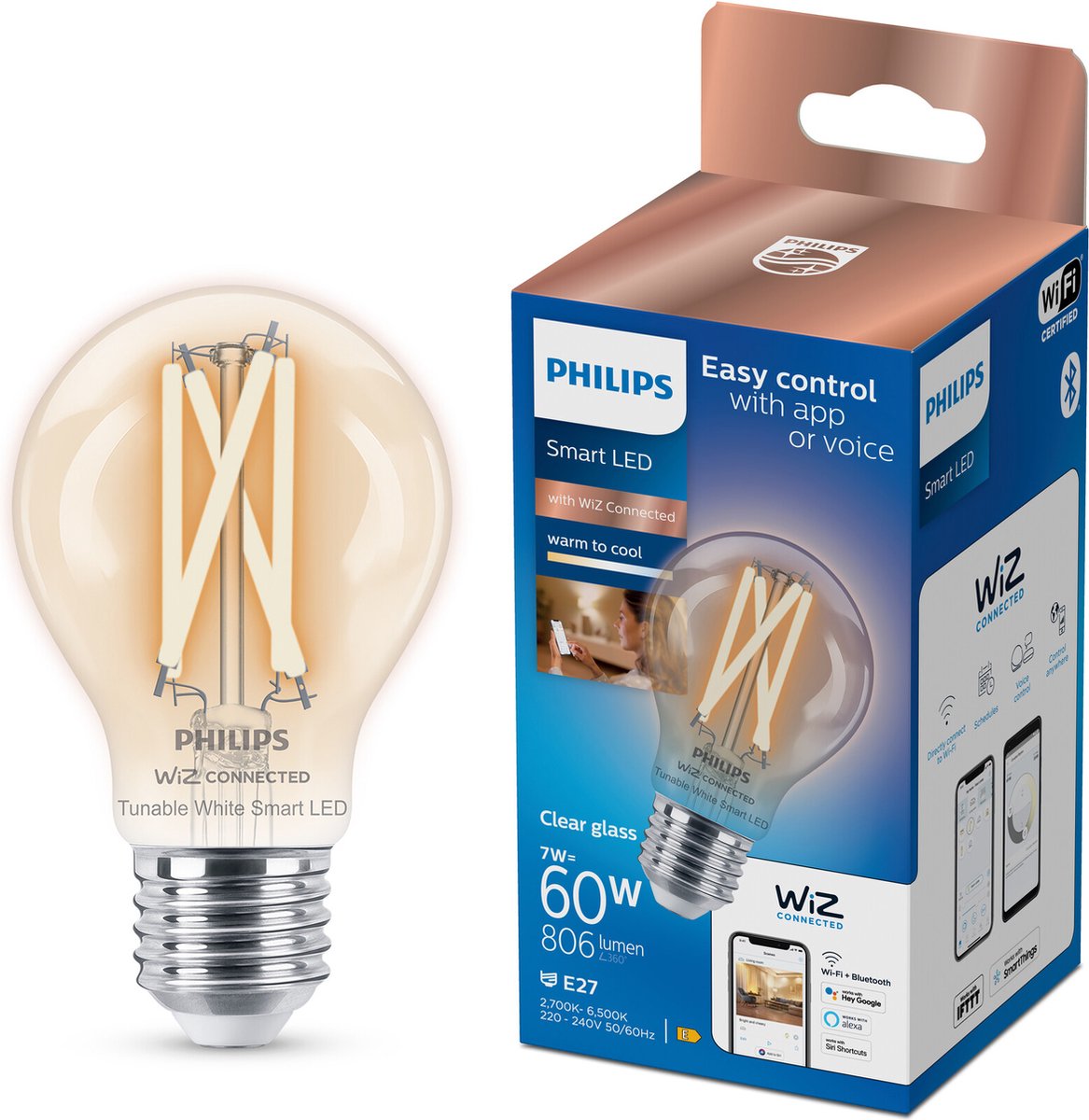 Éclairage intelligent Philips - lampe à filament - éclairage LED intelligent - lumière blanche chaude à froide - e27 - 60w - transparent - wi-fi