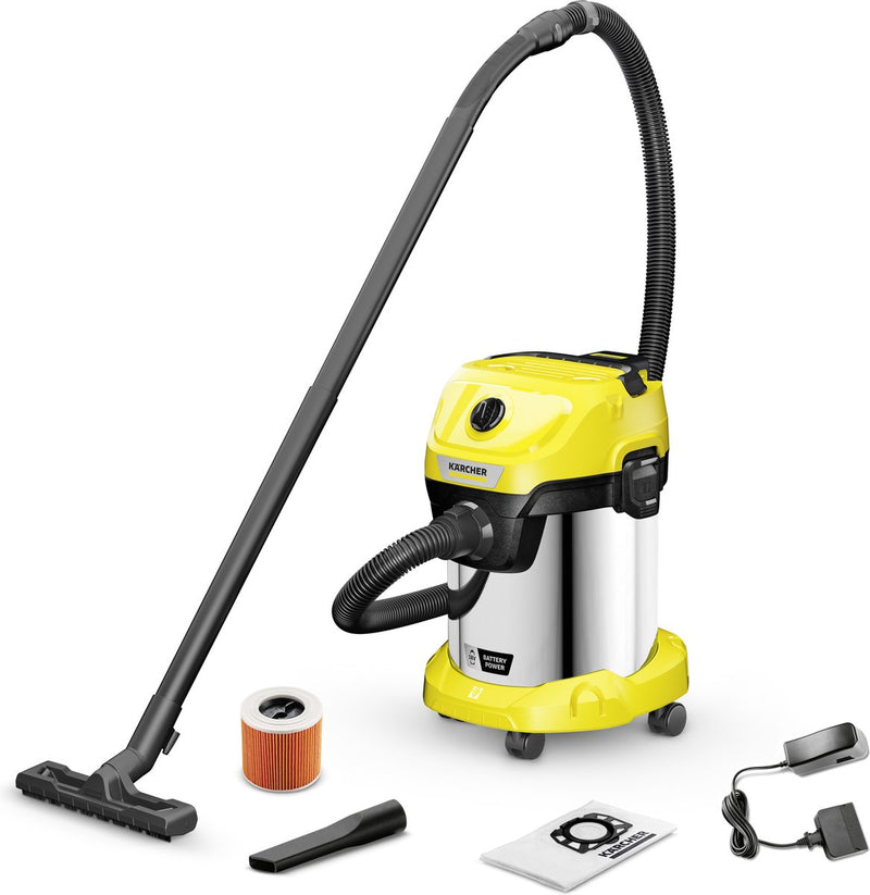 Kärcher wd 3-18 s kit de batterie v-17 20 aspirateur eau et poussière - 18 v - batterie 18 v 5,0 ah et chargeur inclus - 17 l - récipient en acier inoxydable - filtre à cartouche