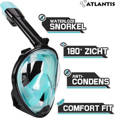 Masque de plongée Atlantis - lunettes de plongée - tuba - ensemble de tuba - masque complet - adultes - turquoise noir - s m