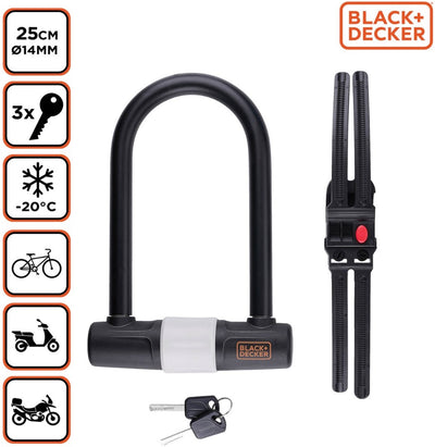 Black+decker U-lock - antivol vélo, antivol scooter, antivol moto - 14 x 25 cm - 3 clés de rechange