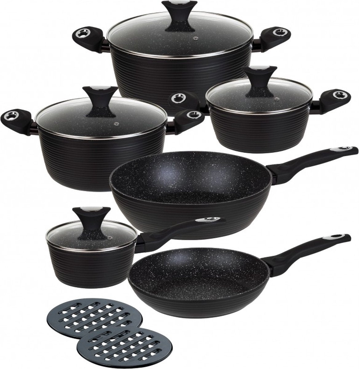Set de poêles Klausberg 7244 - 12 pièces - revêtement céramique marbre - aluminium forgé - cool touch - compatible induction tous feux - noir