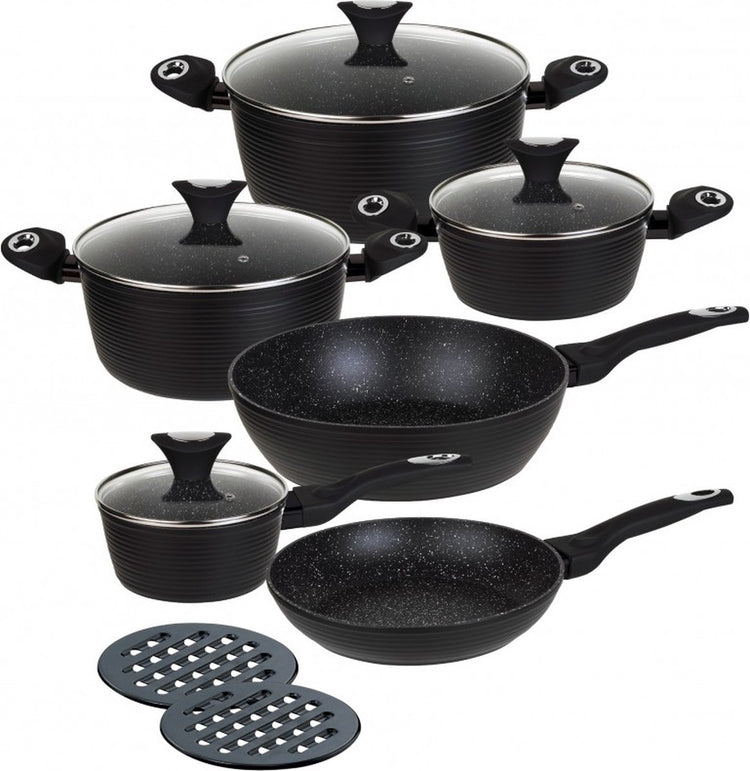Set de poêles Klausberg 7244 - 12 pièces - revêtement céramique marbre - aluminium forgé - cool touch - compatible induction tous feux - noir