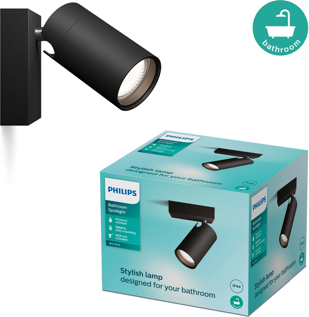 Philips LED Spot Philips Idris - résistant aux éclaboussures IP44 - noir - 5W - lampe de salle de bain - un point lumineux - convient uniquement aux spots LED