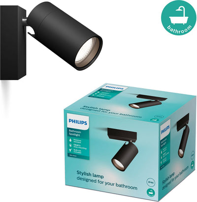 Philips LED Spot Philips Idris - résistant aux éclaboussures IP44 - noir - 5W - lampe de salle de bain - un point lumineux - convient uniquement aux spots LED