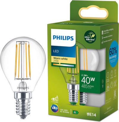 Philips LED Lampe boule LED ultra efficace Philips transparente - 40 W - E14 - lumière blanc chaud - classe énergétique a