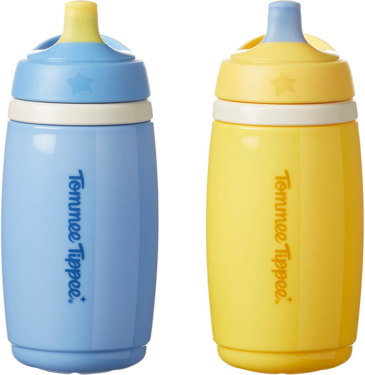 Tommee tippee gobelet isotherme à bec actif - 2 pièces - 266 ml - gourde anti-fuite pour tout-petits 12 mois+ - bleu et jaune