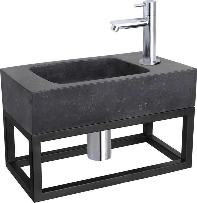 Differnz set de fontaine bombai noir - pierre naturelle - robinet droit chromé - avec porte-serviettes - 40 x 22 x 9 cm