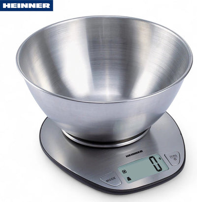 Balance de cuisine numérique Heinner avec bol – 1 g à 5 kg – fonction pesée pour liquides (ml) – écran LCD – marche/arrêt automatique – fonction tare – argent