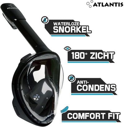 Masque de plongée Atlantis - lunettes de plongée - tuba - ensemble de tuba - masque complet - adultes - noir - s m