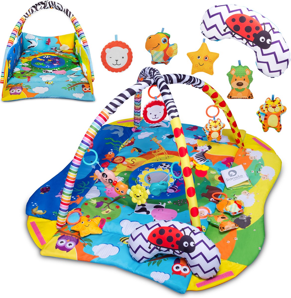 Tapis de jeu baby gym Lionelo anika plus 2 en 1 – avec bords surélevés (fonction parc) – avec coussin sur le ventre, livret interactif 5 jouets – 115x110 cm