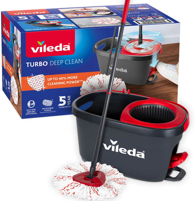 Vileda turbo deep clean - set complet de vadrouille rotative avec seau avec pédale - manche télescopique 65–131 cm - vadrouille en microfibre puissante