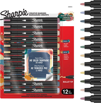 Stylos à peinture acrylique marqueur créatif Sharpie | marqueurs à peinture à l'eau | l'encre non continue écrit sur la plupart des surfaces | puce | fournitures d'artisanat et d'art | tons chauds | 12 pièces