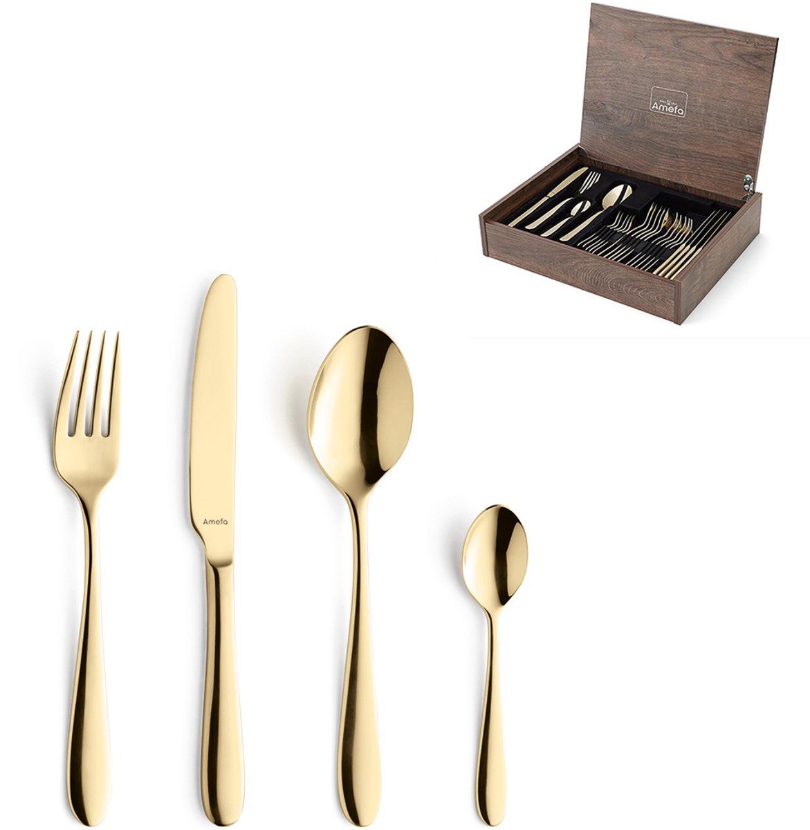 Amefa Oxford - Ménagère 24 pièces - pour 6 personnes - brillant - doré - dans un luxueux coffret en bois