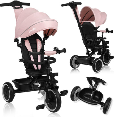 Tricycle Lionelo Berry 2en1 - jusqu'à 25 kg - siège rotatif à 360° - vélo poussette en un - roues en PU - roue libre - barre de poussée réglable - pare-soleil et pare-pluie - grandit avec l'enfant - peut être assemblé sans outils