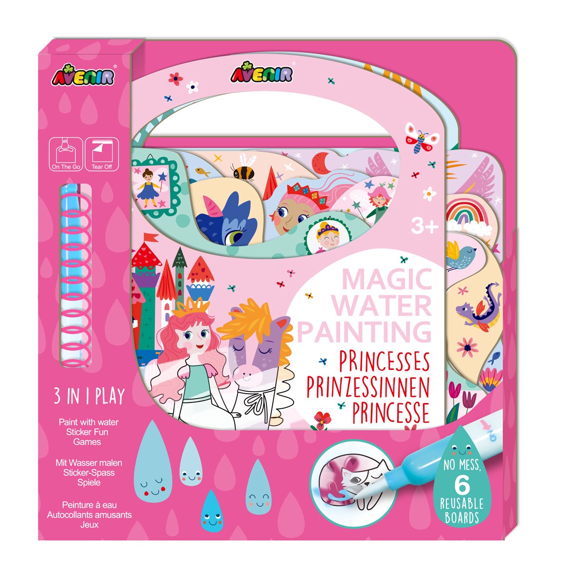 Peinture à l'eau magique Avenir : livre princesse, 6 pages réutilisables avec jeu 3 en 1, 3+