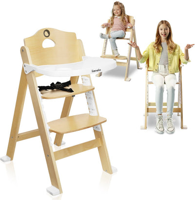Chaise haute Lionelo Floris 3en1 - chaise de salle à manger, chaise haute avec repose-pieds jusqu'à 40 kg - siège et repose-pieds réglables sur 4 niveaux - bois de bouleau, table amovible, ceintures de sécurité - design scandinave, grandit avec l'enfant