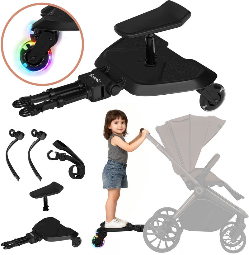 Planche à roulettes Lionelo buggy board - marchepied pour poussette - option assis et debout - universel - roues LED - siège réglable - plateforme antidérapante - jusqu'à 25 kg - 2-5 ans - montage facile